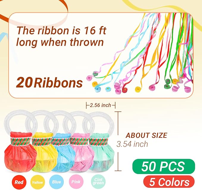 50 Pcs Hand Throw Streamers, Colorful Confetti Poppers with No Mess Streamers,Graduation Birthday & Engagement Party Favors Supplies