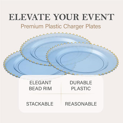 PLASTICPRO Translucent Blue with Gold Rim Plastic Charger Plates with Beaded Edge – Pack of 8 – 13" Elegant Round Disposable Chargers for Weddings, Events, Parties, and Dinners