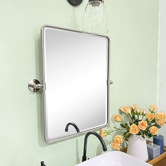 Farmhouse Nickel Metal Framed Pivot Rectangle Bathroom Mirror Rounded Rectangluar Tilting Beveled Vanity Mirrors for Wall, Overall 22.91 x 24 inches (Mirrror 19 x 24 inches)
