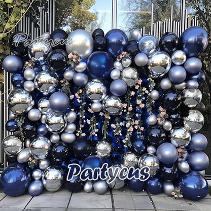 Navy Blue Black Balloon Garland - Double Stuffed Dark Royal Blue Black Balloon Arch Kit with Silver Foil for Birthday Graduation Prom Wedding Baby Shower Party Decoration