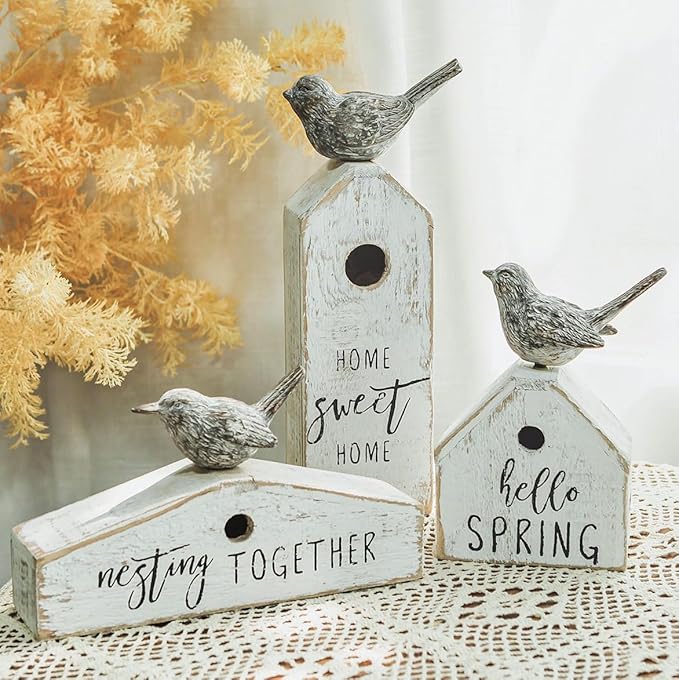3 Pcs Birdhouse Shaped Wooden Table Decor with Bird Ornament, Rustic Farmhouse Spring Decor for Shelf Mantel Desk Decoration, Housewarming Gift, Hello Spring, Nest Together, Home Sweet Home