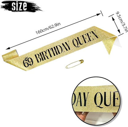 69 Birthday Queen 69th Birthday Sash for Women, Gold Glitter Sash with Black Foil