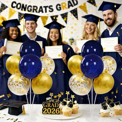 4 Sets Navy Blue Gold Balloon Centerpieces for Table, Balloon Stand Kit for Graduation Decorations 2026 Retirement Baby Shower Men's Women's Birthday Class of 2026 Party Decorations