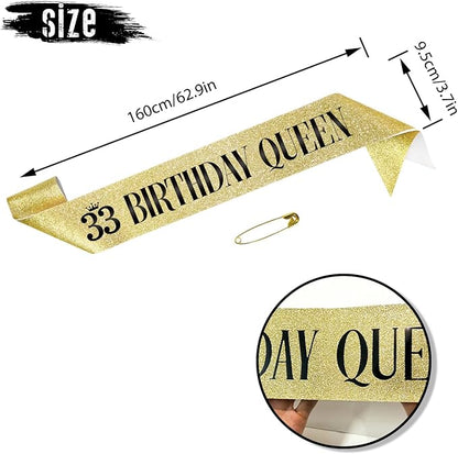 33 Birthday Queen 33rd Birthday Sash for Women, Gold Glitter Sash with Black Foil