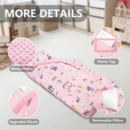 Primlect Thickened Toddler Nap Mat with Removable Pillow and Minky Blanket, Extra Large 55''x35'' Sleeping Bag, Washable, Roll up, Perfect for Daycare, Preschool, Kindergarten, Boys and Girls Pink Fox
