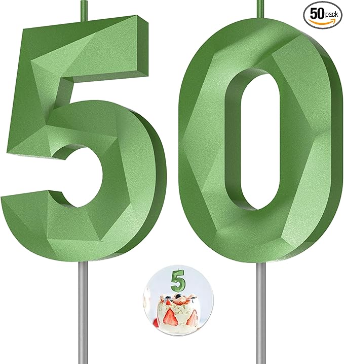 Number Birthday Candles(50 Candle Green) 3D Diamond Shape Number Happy Birthday Cake Candles for Birthday Party Wedding Decoration Reunions Theme Party