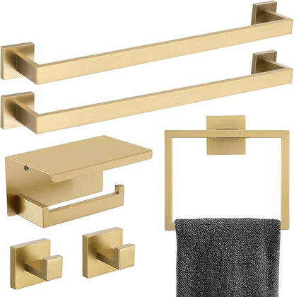 6-Piece Bathroom Hardware Set 23.6 Inch Gold Towel Bar Set Double Towel Bar Towel Ring Coat Hook and Toilet Paper Holder with Shelf Wall Mounted Stainless Steel Bathroom Accessories Set