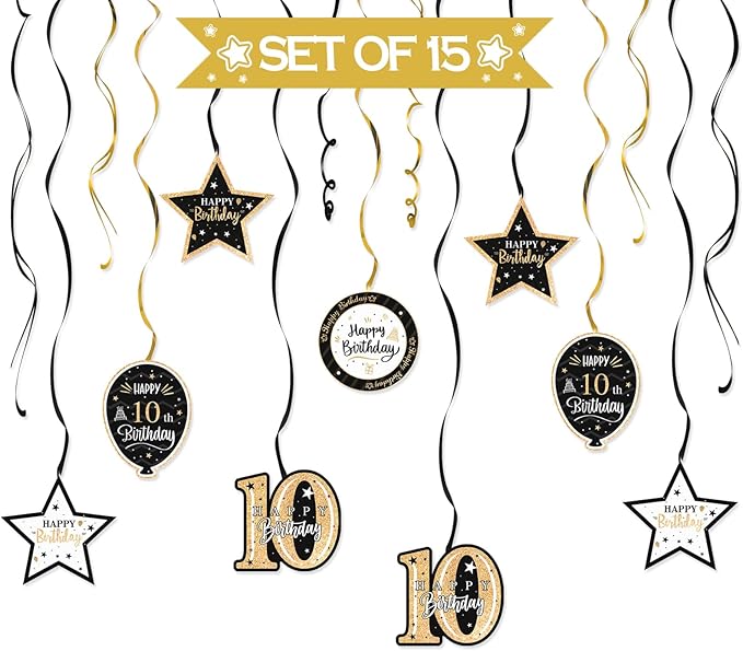 Happy 10th Birthday Black & Gold Glitter Swirls Streamers Party Decorations - 15 Pcs 10th Birthday Hanging Swirls Streamers Kit,Cheers to Ten Years Old Bday Party Sign.