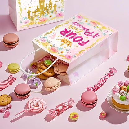 Grencian 16Pcs Princess Birthday Party Bags Four Ever a Princess Candy Treat Gift Bags Princess 4th Party Favor Decorations for Girls Princess Themed Birthday Supplies