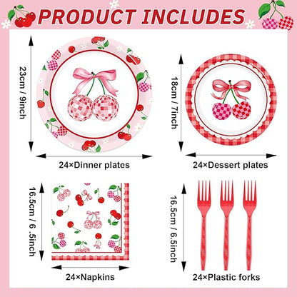 96Pcs Cherries Theme Plates and Napkins Pink Bow Cherry Birthday Party Decoration Disco Ball Disposable Dessert Cake Plates Cherries Paper Dinner Tableware for 24 Guests Girls Boys Kids Party Supplies