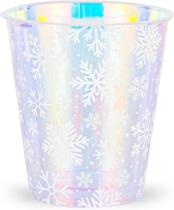 25 Winter Plastic Cups Iridescent Snowflake Party Cups 12oz Frozen Shiny Snowflakes Disposable Drinking Cups for Birthday Wedding New Year Holiday Party Supplies