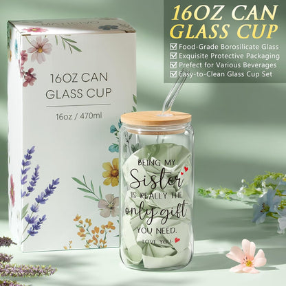 Best Sisters Gifts from Sister, Christmas Gifts for Sisters Birthday Gift from Brother, Funny Sister-in-Law Unique Soul Sis Gift Basket for Best Friends with Canvas Tote Bag 16Oz Can Glass Cup