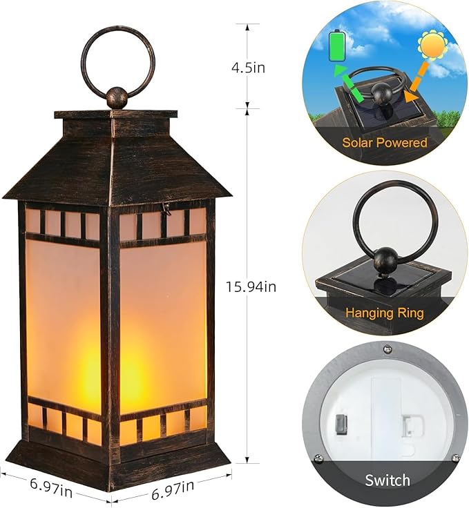 18'' Glass Solar Lantern Outdoor Waterproof, Large Hanging Solar Lanterns with Flickering Flame Lights, Metal Outdoor Lantern Decorative for Patio Garden Backyard Tabletop Mothers Day Gifts Mom