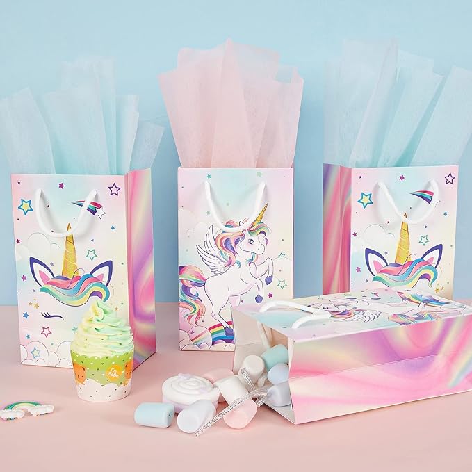 WERNNSAI 16PCS Unicorn Gift Bags - Rainbow Unicorn Party Supplies Goodie Bags for Girls Kids Birthday Unicorns Party Favor Bag with Handles Candy Treat Bag for Baby Shower Supplies
