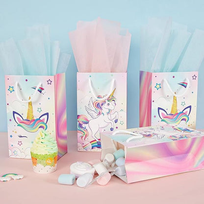 WERNNSAI 16PCS Unicorn Gift Bags - Rainbow Unicorn Party Supplies Goodie Bags for Girls Kids Birthday Unicorns Party Favor Bag with Handles Candy Treat Bag for Baby Shower Supplies