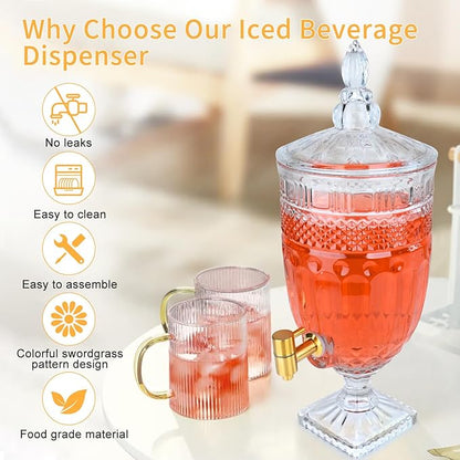 1.3 Gallon Glass Drink Dispenser, Glass Beverage Dispenser with Spigot for Party Bar Wedding, Crystal Collection Jug, Wide Mouth with Lid, Iced Beverage Dispensers (1.3gal Glass relief)