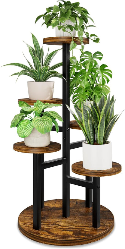 5 Tiers Wood Plant Tables Indoor Plant Stand Tall Metal Wood Plant Shelf Outdoor Indoor Plant Table Rack Tiered Plant Stand Garden Accessories for Living Room Balcony Patio - BlackRound