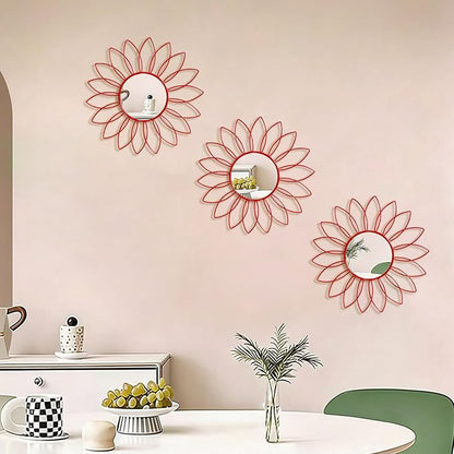 3 Pack Metal Mirrors for Wall Sunburst Wall Mirrors Home Décor Decorative Hanging Wall Art for Living Room Bedroom Entryway (Red, Flowers)