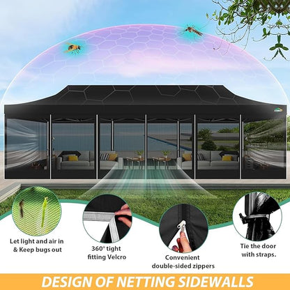 COBIZI 10x30 Pop Up Canopy with Sidewalls, Heavy Duty Canopy with Mosquito Netting, Easy up Screen Party Tents for Parties Backyard Outdoor Commercial Event Gazebo with Roller Bag, Sandbags, Black