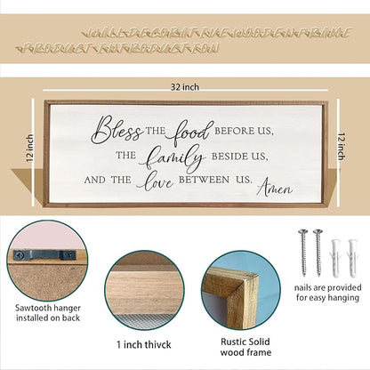 Bless the Food Before Us Wall Decor Sign 32" X 12" Dining Room Wall Decor Framed Wood for Large Farmhouse Vintage Prayer Catholic Kitchen Wall Hanging Scripture Bible Verse Art (Wood)