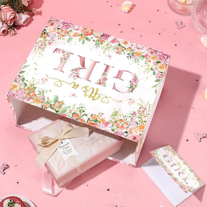 Wayyogh Baby Shower Paper Bag, Rose Gold Floral 'It's a Girl' Gift Bag with Wrapping Tissue Paper, Greeting Card and Handle for Girls' Baby Shower, Birthday Party Favors Decorations Supplies