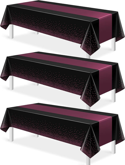 3Pcs Black and Maroon Purple Tablecloth Party Decorations,Plastic Black Table Cloth Printed Maroon Purple Table Runner Disposable Rectangle Table Cover for Birthday Wedding Graduation Party,54x108Inch