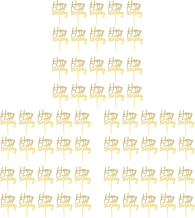 Amosfun 60Pcs Happy Birthday Acrylic Cake Toppers Gold Picks for Cupcake and Cake Decoration Party Supplies