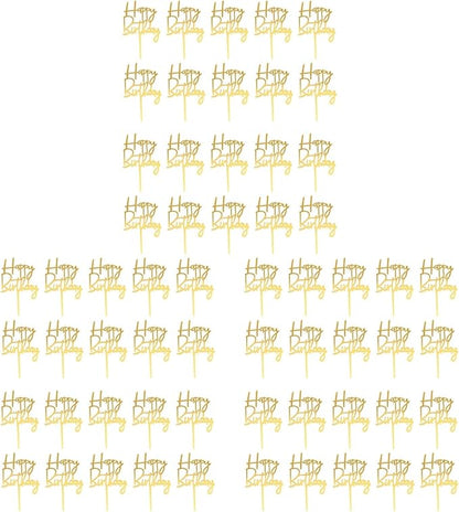 Amosfun 60Pcs Happy Birthday Acrylic Cake Toppers Gold Picks for Cupcake and Cake Decoration Party Supplies