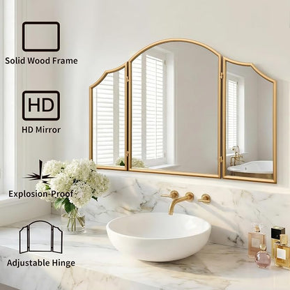 Besdomus Gold Scalloped Vanity Mirror: 36"x24" Large Modern Three Sided Dresser Miror - Minimalist Wood Frame 3 Way Trifold for Bedroom/Cloakroom/Dressing Room - Home Decor for Housewife