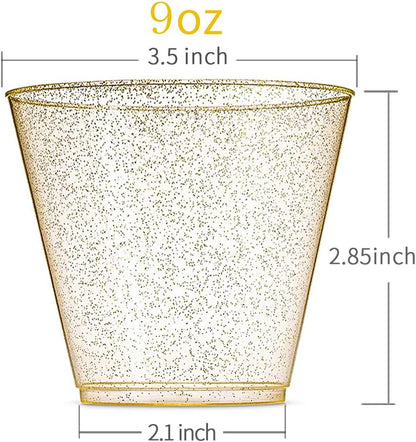 WDF 200pcs 9OZ Gold Cups,Disposable Premium Wedding Gold Glitter Plastic Cups for Thanksgiving Party