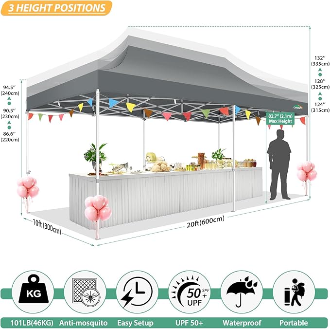 COBIZI 10x20 Canopy Tent with 6 Sidewalls,Heavy Duty Pop up Canopy with Mosquito Netting,Easy up Screen Tent for Parties Wedding Outdoor Patio with Roller Bag,Gray