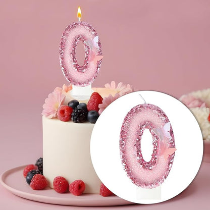 Birthday Candles，Glitter Butterfly Cake Toppers Pink Sequins Wedding Numeral Cupcake Decorations，Suitable for Girl and boy Wedding Cakes, Party Celebrations, Birthday Decorations (Number 0)