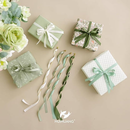 HUIHUANG Sage Green Satin Ribbon 1/2 inch x 4 Rolls Ivory/Sage/Dusty Sage/Moss Green Ribbon for Gift Wrapping DIY Crafts Hair Bows Flower Bouquets Wedding Decor- Total 40 Yards