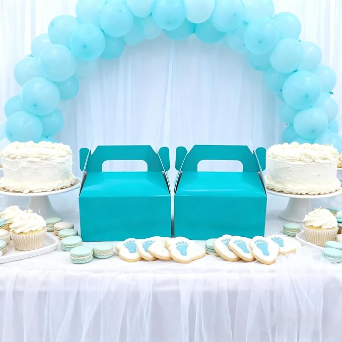 XAGLVV 24 Pack Shiny Teal Paper Gable Boxes,6.2 Inch Candy Boxes with Handle, Snack Party Favor& Gift Cookie bags for kids Birthday,Wedding, Baby Shower, Graduation.