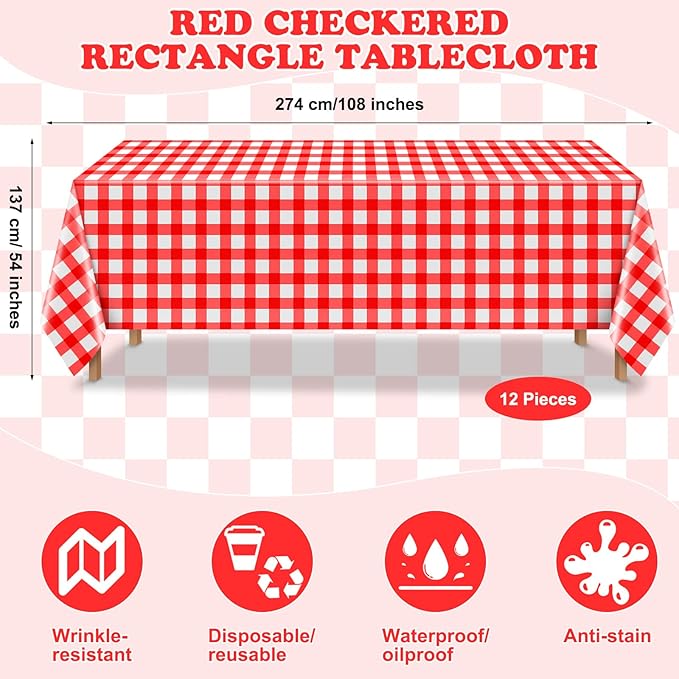 12 Pieces Plastic Checkered Tablecloth Gingham Tablecloth Rectangle Disposable Plaid Table Cloth 54 x 108 Inch 8 Foot Waterproof Picnic Table Covers for Barbecue Holiday Birthday Party(Red Checkered)