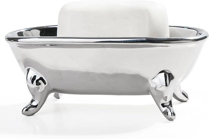 6.7" Ceramic Mini Clawfoot Bathtub Bar Soap Dish, Decorative Bar Soap Holder, Soap Tray Sponge Holder for Shower, Bathroom & Kitchen Sink (Silver)