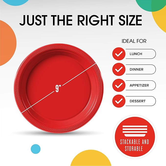 Exquisite Party Solids Red Plastic Plates For Party Supplies 9" Red Disposable Plates Heavy Duty 50 Pcs Plastic Dinnerware Sets Heavy Duty 350 GSM Disposable Dinnerware Set