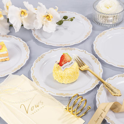 DaYammi 60PCS White and Gold Plastic Plates, Thanksgiving Plates Disposable Heavy Duty Platos Premium 7.5inch White Dessert Cake Salad Appetizer Plates Hard Plastic Platos Disposable for Party Wedding