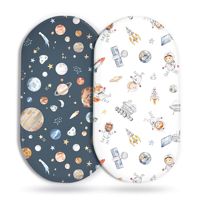 Stretchy Ultra Soft Fitted Bassinet Sheet Set 2 Pack, Universal Fit for Bassinets Baby Cradle Moses Basket Oval Rectangle Mattress Safe and Snug, Space Stylish Print