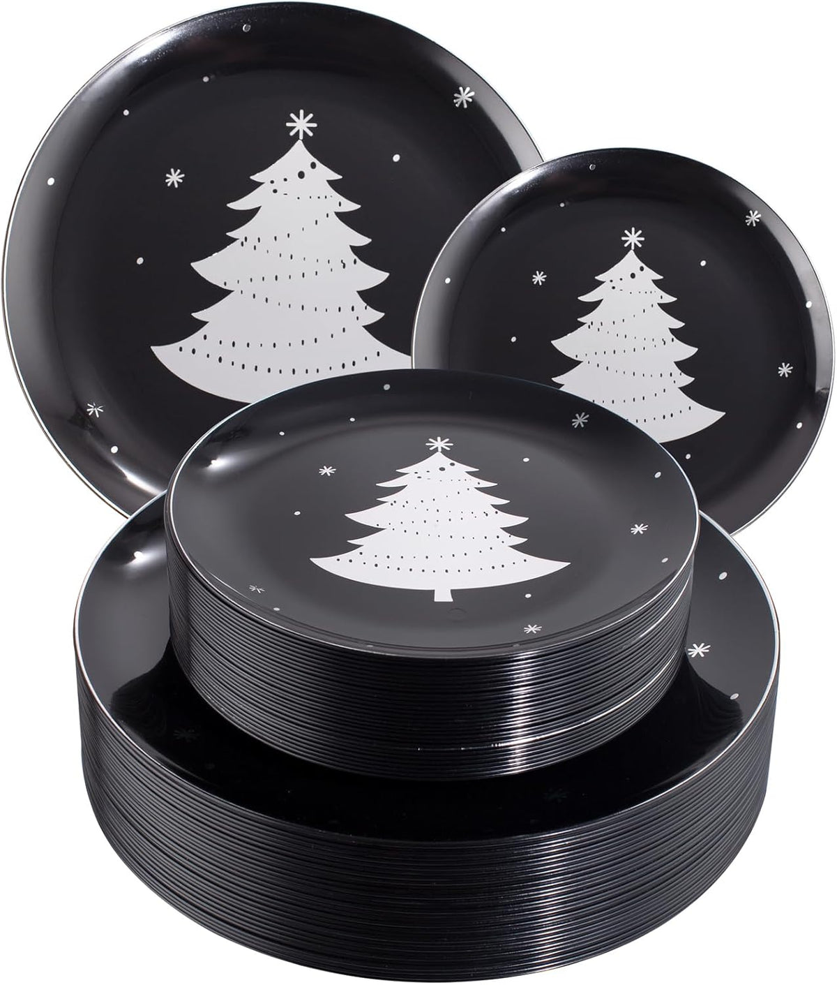 WDF 50 Pieces Christmas Plates Plastic - Black and Silver Plates with Christmas Tree include 25 Dinner Plates, 25 Salad Plates - Black Silver Party Plates for Christmas, Winter