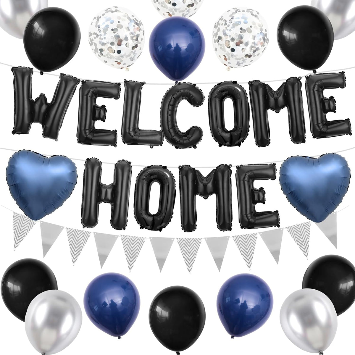 Welcome Home Decorations Black Blue Silver,Black Welcome Home Foil Balloon Banner with Navy Blue Heart Balloons Pennant Flag Bunting for Housewarming Baby Shower Family Party Supplies