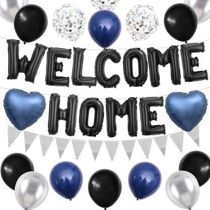Welcome Home Decorations Black Blue Silver,Black Welcome Home Foil Balloon Banner with Navy Blue Heart Balloons Pennant Flag Bunting for Housewarming Baby Shower Family Party Supplies