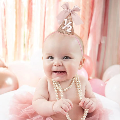 Rose Gold 1/2 Birthday Hat - Bow Birthday Party Decorations, Glitter Number Cone Hat, Princess Bow Hat