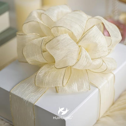 HUIHUANG Ivory Wired Ribbon 2-1/2 inch Cream Metallic Silk Wire Edge Ribbon for Crafts Gift Wrapping Basket Wreaths Bows Making Home Wedding Decor Christmas Tree Bows -Continuous 10 Yards