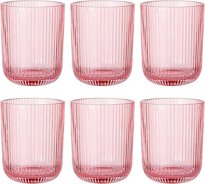 Pink Ribbed Drinking Glasses Set of 6,8.5oz Vintage Highball Tumblers,Colored Glassware for Juice,Milk,Coffee & Cocktails,Gift for Party,Housewarming,Mother's Day