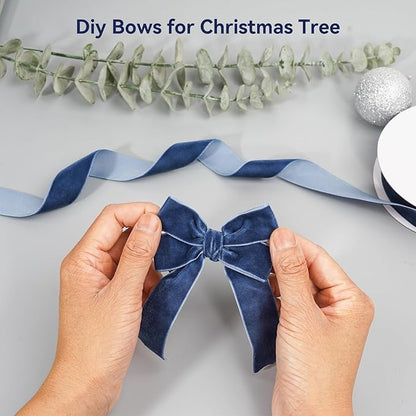 Navy Blue Velvet Ribbon for Gift Wrapping, 3 Rolls Vintage Thin Velvet Ribbon Set for Christmas Tree Decoration, 3/8, 5/8, 1 inch Wide, 30 Yards Totally, Thick Christmas Ribbons for Bow Ornaments