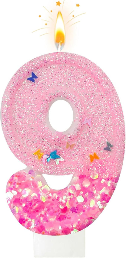 Pink Sequin Birthday Candles, Cake Number Candles, Girls 0th Birthday Decorations, Suitable for Birthday Parties, Anniversary Party Decorations(9)