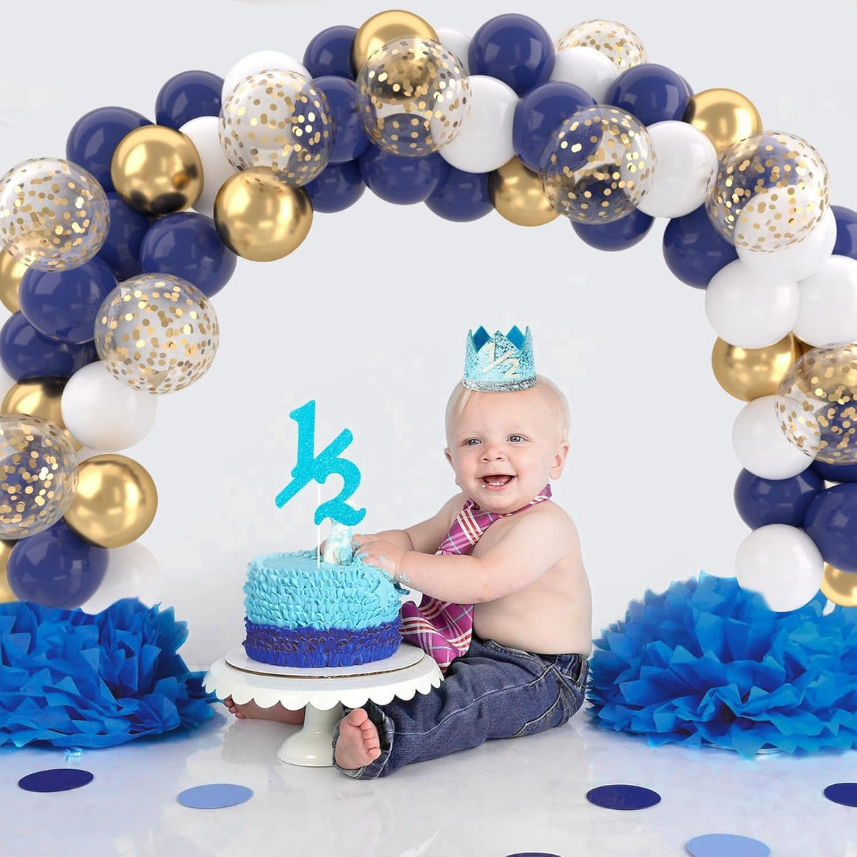 Patimate Navy Blue Gold Balloons Set, 50 pcs 12 inch Metallic Gold Navy Blue White Confetti Latex Balloons Kit for Birthday Baby Shower Graduation Party Decorations