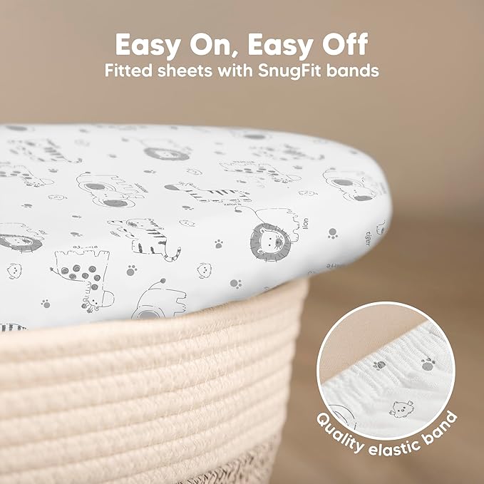 2-Pack Baby Bassinet Sheets Girl, Boy - 33x17 Viscose Derived from Bamboo Bedside Mattress Fitted Bassinet Sheets, Compatible with Halo Bassinest Swivel Sleeper, Baby Delight, Graco (KeaSafari)