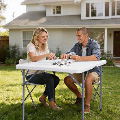 Lakhow 34" Square Folding Table, Fold-in-Half Utility Dining Portable Table Heavy Duty HDPE Plastic Foldable with Carrying Handle Indoor Outdoor for Picnic, Party